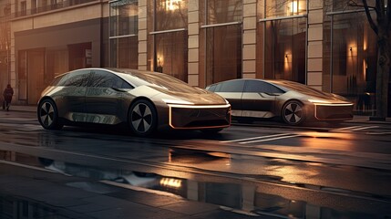Fototapeta premium Futuristic Electric Cars in City Setting.
