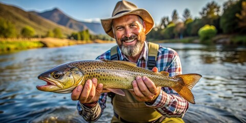 A fisherman proudly displaying trout fish he caught, highlighting the joy of his angling hobby along a serene river.