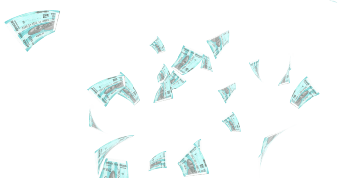 50 Indian rupee notes bundle flying in different angles and orientations isolated on black background