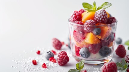  A glass brimming with red and blue berries - raspberries and blueberries - atop a pristine white table Nearby, leaves add earthy contrast