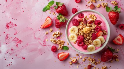  A pink backdrop features a bowl of oatmeal topped with strawberries, bananas, nuts, and raspberries