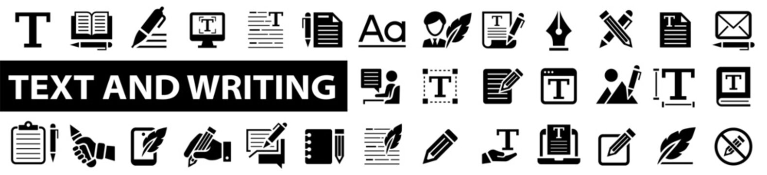Text and Writing web icon set. Pen, write, pencil, note, edit, writer, document, nib, text, email, text to speech, text editor, typography and more. Vector illustration