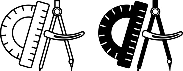 Geometry icons. Black and White Vector Icons of Compasses and Protractor. Tools for Drawing. Stationery Supplies for Geometry Lesson. Education and School Concept