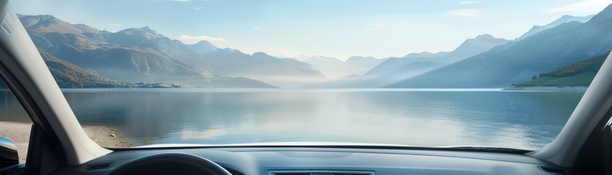 Scenic view of calm lake and majestic mountains through a car windshield, capturing the serene beauty of nature on a road trip.