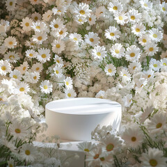 White Podium Encircled by Pure White Blossoms, Ideal for Clean and Elegant Product Presentation