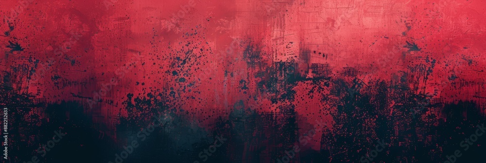 Poster a striking abstract image with dominant red and black hues, featuring grungy textures and chaotic pa