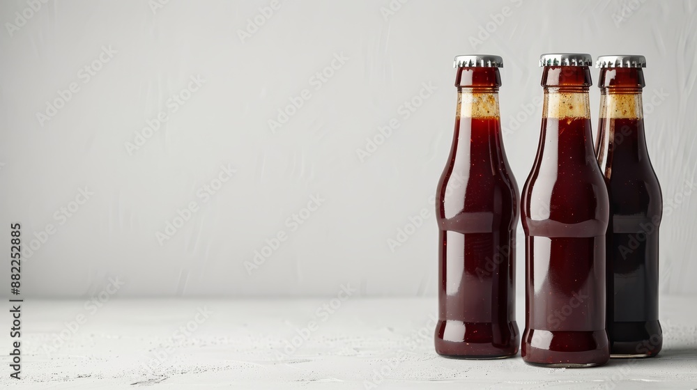 Poster  Three soda bottles align on a white tablecloth against a white wall background