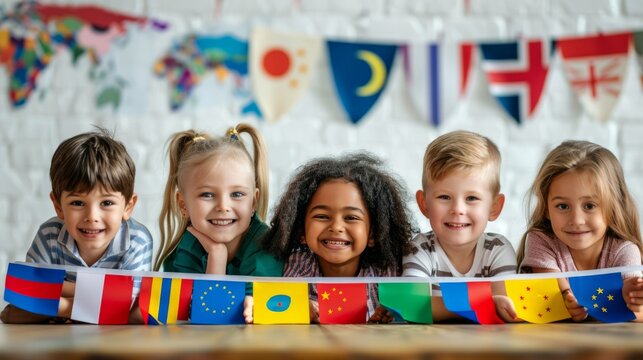 Smiling children from different cultures holding world flags. Conceptual image representing unity and diversity among kids. Vibrant and cheerful style perfect for promoting inclusion and education. AI