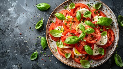  A plate of tomatoes, basil, and mozzarella against a dark surface A solitary basil sprig rests on the side