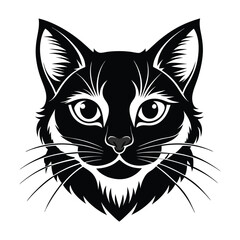 Black & White Silhouette Vector of Cat Face, Minimalist Cat Head Illustration