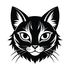 Black & White Silhouette Vector of Cat Face, Minimalist Cat Head Illustration