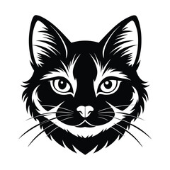 Black & White Silhouette Vector of Cat Face, Minimalist Cat Head Illustration