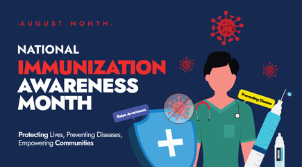 National Immunisation awareness Month. August Immunisation month awareness banner with icons, stickers,  of syringe, vaccine bottle, protection shield, virus, nurse. NIAM shows vaccine importance. 