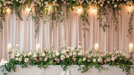  A table, adorned with an array of white and pink blooms, adjacent to a green-covered wall and illuminated by lit candles