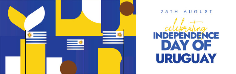 Uruguay Independence Day. 25th August celebrating Uruguay independence day cover banner with its flags and abstract art elements, shapes in its flag colours. The country become independent in 1825.