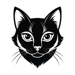 Black & White Silhouette Vector of Cat Face, Minimalist Cat Head Illustration