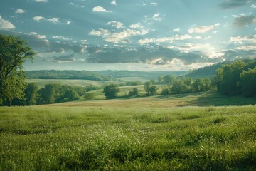 Fototapeta premium Serene Countryside Landscape with Rolling Hills, Green Fields, and Dramatic Sky at Sunset