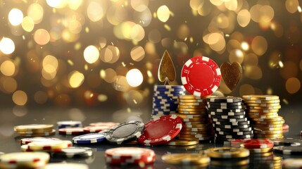 Stack of colorful poker chips and gold coins on a casino table with a glittering bokeh background. The image captures the thrilling essence of gambling. 