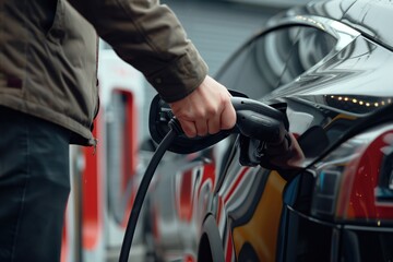 Person refuels electric car at modern charging station. Urban cityscape with cars parked or moving. Electric vehicle with yellow stripe charges at public charging point.