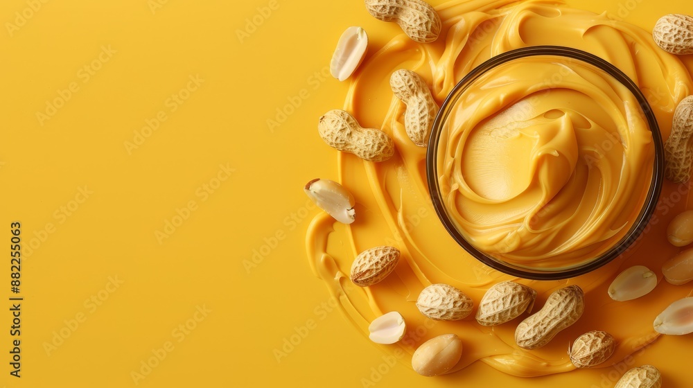 Sticker  A yellow backdrop showcases a bowl brimming with peanut butter, encircled by loose peanuts and their shells, plus an adjacent smaller bowl of the spread