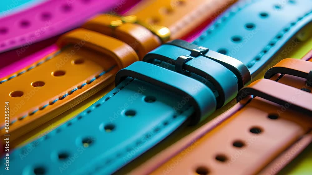 Poster a closeup of a colorful interchangeable watch band for a customizable smart watch allowing for a per