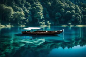 Fototapeta premium Natural landscape in blue. A boat floating in smooth water at tranquil lake .Many traveller come for relaxing after hard working.