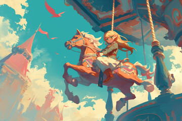 Naklejka premium Fantasy Character Riding Carousel Horse Against Fantasy Sky with Castles