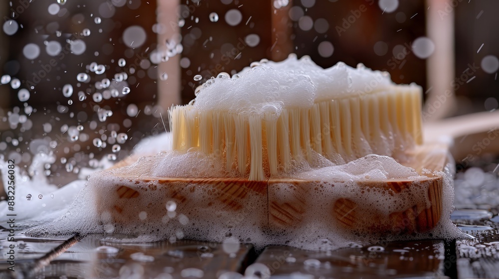 Poster  Close-up of cleaning brush on wood, with water beads rolling off the bristles ..OR..Detailed shot: Brush on