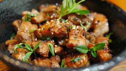 Close-up of Delicious Stir-Fried Meat with Sesame Seeds