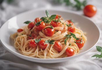 seafood pasta with cherry tomatoes.