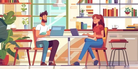 Fototapeta premium Young Couple or Partners, Freelancers or Students Working on Laptops in a Café. AI-Generated High-Quality Image Depicting Independent Individuals Enjoying Free Time and Success, Ideal for Bestselling 