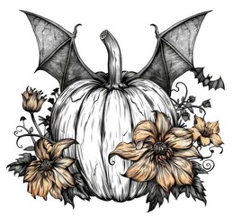 A pumpkin with bat wings and flowers, clip art sticker style in the style of south sweet, white background, detailed ink illustration, halloween vibe, spooky, hyper realistic