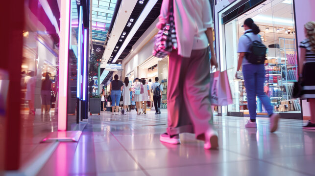 galerie marchande de grand magasin au moment des soldes, personnes portant des sacs de course, effet de d&eacute;placement