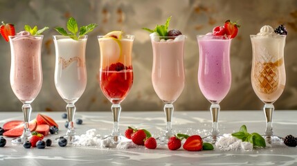 Vibrant selection of refreshing fruit and yogurt smoothies in elegant glasses. Bright and colorful drinks. Perfect for marketing, social media, and food blogs. High-quality and stylish image. AI