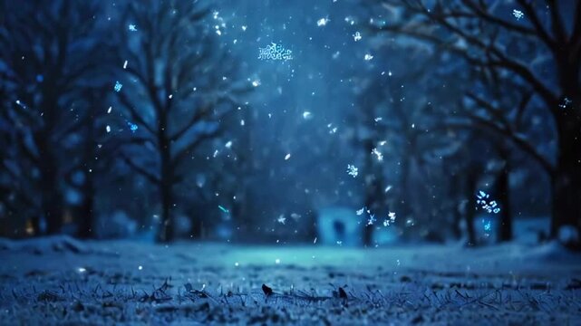 Blue bokeh resembling falling snowflakes in a serene winter landscape, with soft light reflections adding depth, 4K technology wallpaper animation video