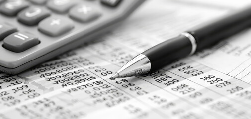 Black and white image of a calculator and pen on financial documents, representing business accounting, finance calculation and analysis. asset value with a strategic budget assessment plan
