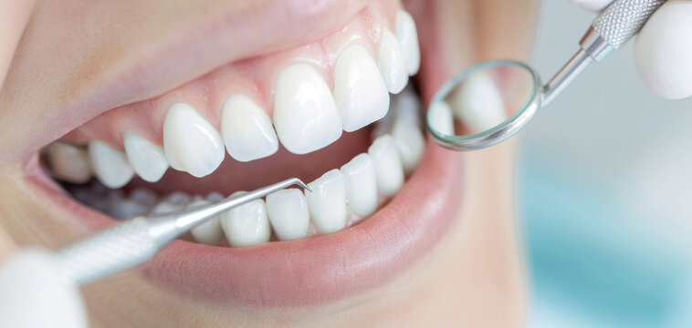 a patient's mouth during a dental checkup, with tools inspecting teeth and gums for dental health and hygiene. a strict dental procedure ensures cleanliness and effectively removes plaque