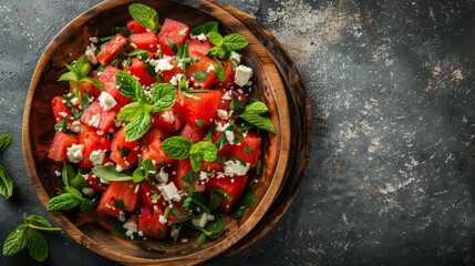  A wooden bowl holds watermelon, feta cheese, mint leaves, and a sprig of mint against a dark surface