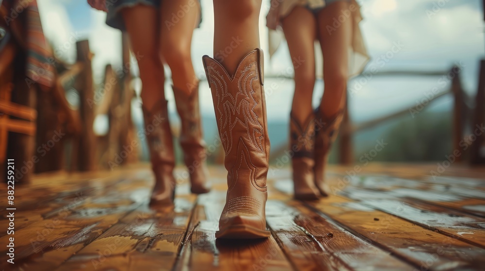 Canvas Prints  A tight shot of women's cowboy boots on a weathered wood floor against a backdrop of a cloud-filled sky