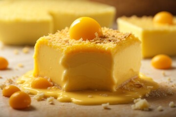 Quindim: A sweet dessert made with coconut, sugar, and egg yolks, creating a bright yellow custard.

