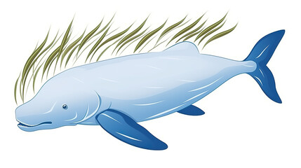 Obraz premium Undersea swimming dugong isolated against a white background with seagrass