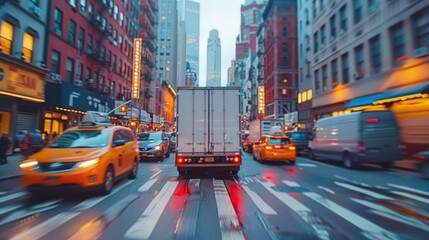 Obraz premium A busy city street with traffic and pedestrians. Yellow cabs and a delivery truck move through the intersection. Buildings line the street, and the sky is overcast.