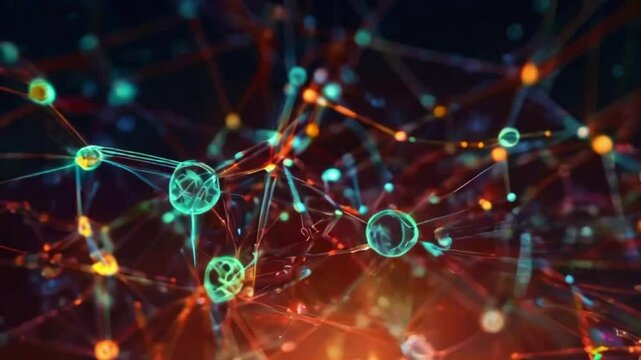 A neural network with interconnected nodes and synapses, data flows as luminous particles network, symbolizing high-speed data transfer for AI analysis, 4K Wallpaper animation video