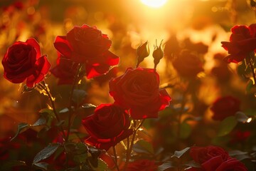 Obraz premium Red Roses Blooming in Golden Sunset Light