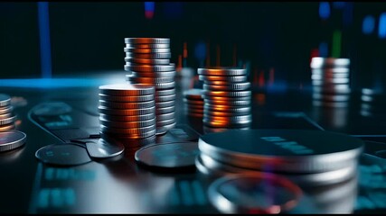 Stacks of cryptocurrency coins with digital graphs and charts, reflecting blue and orange light, symbolizing modern finance and market trends