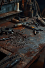 Rustic Workshop Table with Assorted Tools and Metal Shavings