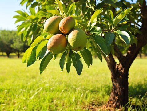 Long shot photo of a ripe sapodilla tree in a lush orchard, vibrant green leaves, golden sunlight highlighting the fruits texture, photorealistic, natural light, high definition