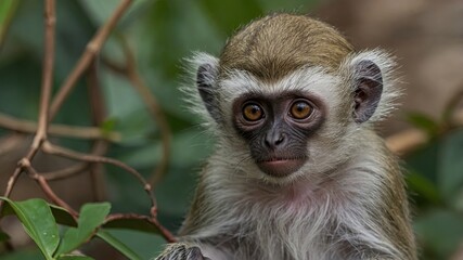 Fototapeta premium A baby vervet monkey, Chlorocebus pygerythrus, nursing.