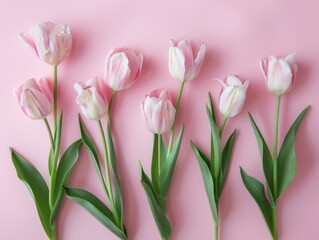 Fototapeta premium Elegant pink tulip flower over pastel pink background. Minimalist simple close up view flower
