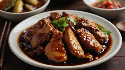 a Filipino adobo dish, chicken or pork in a savory soy sauce marinade, authentic style.